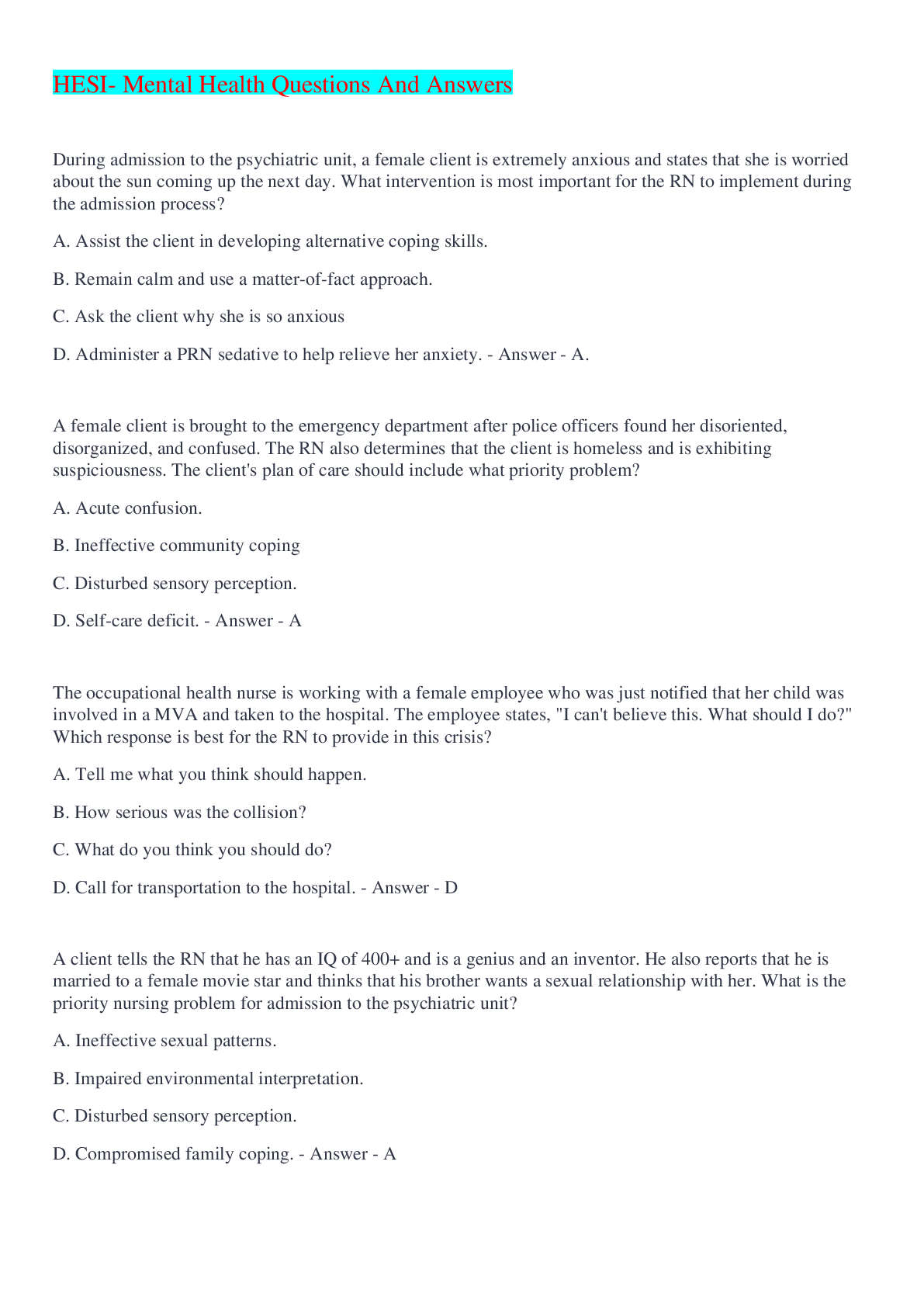 Preview image for HESI- Mental Health Questions And Answers 2022/2023